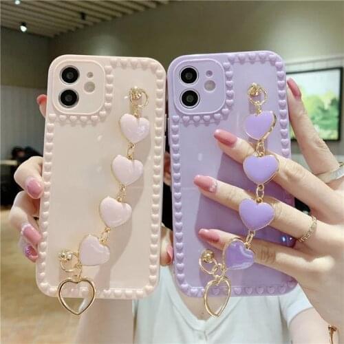 Luxury Love Heart Strap Phone Case For iPhone 12 11 Pro Max X XS XR 7 8 6 6S Plus SE 2020 Fashion Girl Bracelet Soft TPU Cover