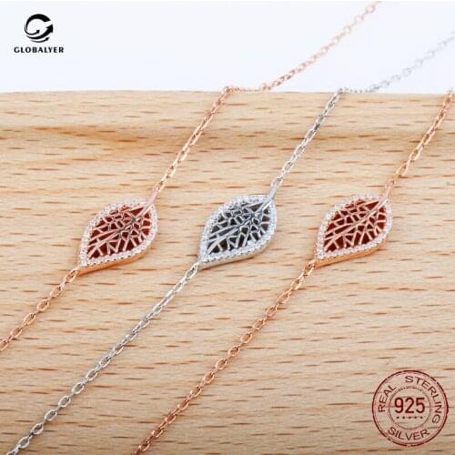 S925 sterling silver micro-set zircon hollow leaf pendant necklace Japan and South Korea simple crystal leaf silver necklace 243