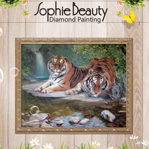 Sophie Beauty Diamond Painting Embroidery Bead Cross Stitch Home Decor Waterfall Stream Tiger To Drink Water Needlework Mosaic