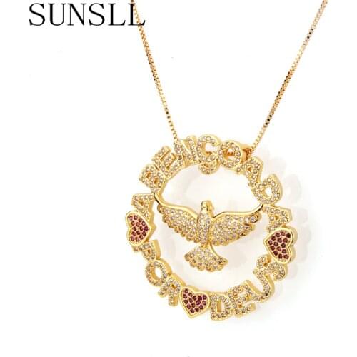 SUNSLL Gold Color Copper Red Cubic Zirconia Heart Eagle And Letters Pendant Necklaces Womens Fashion Jewelry Cobre CZ Colar