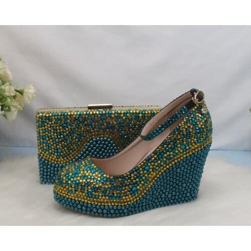 BaoYaFang Multicolord Crystal Bridal wedding shoes Fashion Bride Round Toe High Heel Wedges Pumps Party dress shoes and bag set