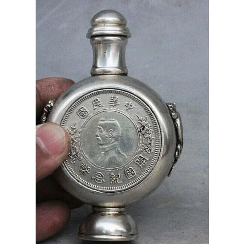 Decoration Tibet copper silver Folk Chinese Miao Silver Pixiu Beast Commemorative coin Statue snuff bottle Box