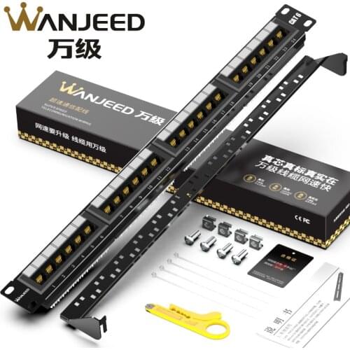 WANJEED CAT6 Patch Panel 24Port RJ45 1U 19inch in standard Cabinet with cable management and Protector Cap