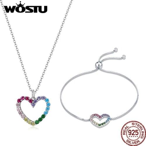 WOSTU 925 Sterling Silver CZ Plated PlatinumJewelry Set Heart Shape Braclet & Necklce Women Girls Fashion Jewelry Gift ZBS230