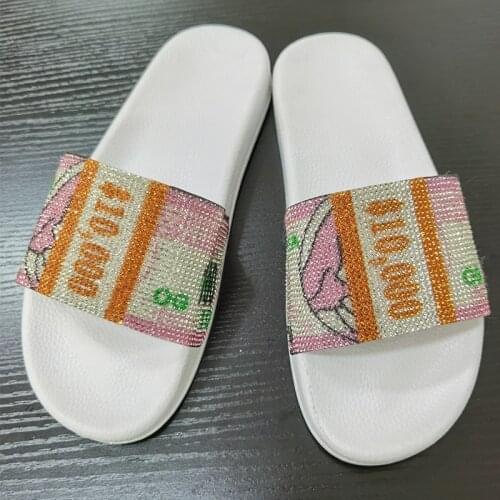 New Womens Dollar Rhinestone Slippers Ladies Non-Slip Slides Fashion Bling All-Match Sandals Soft Flat Flip Flops Summer Shoes