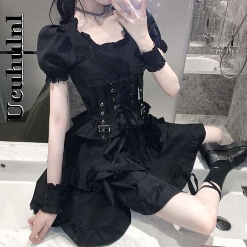 Ucuhulnl Vintage Puff Sleeve Black Dress Lolita Bandage High Waist Dress Goth Aesthetic Ruffle Corset Mini Dress Women