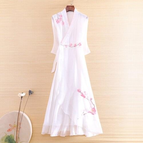 Chinese Style Women Dress Royal Embroidery Vingtage Elegant Slim Lady 3/4 Sleeve Luxurious Hanfu Dress S-XXL