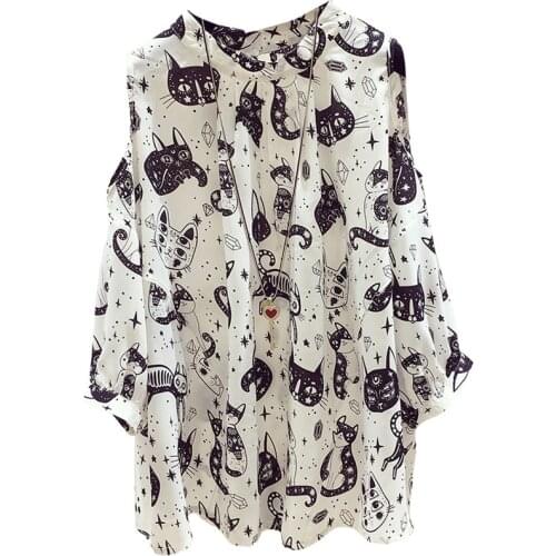 2020 Summer New Women Fashion Short Sleeve Off Shoulder Floral Chiffon Tops Blouses Cats Print Loose Casual Shirts Blouse