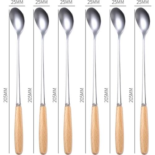 6 Pcs Ice Spoons Small Wooden Long/Short Handle Spoon Stainless Steel Tiny Spoon Mini Coffee Spoon Kitchen Gadget Drop Shipping