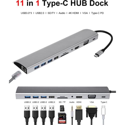 11-In-1 Type C Hub USB C to HDMI VGA RJ45 USB 3.0 Ports SD/TF Card Reader USB-C Power Delivery for MacBook Pro With PD