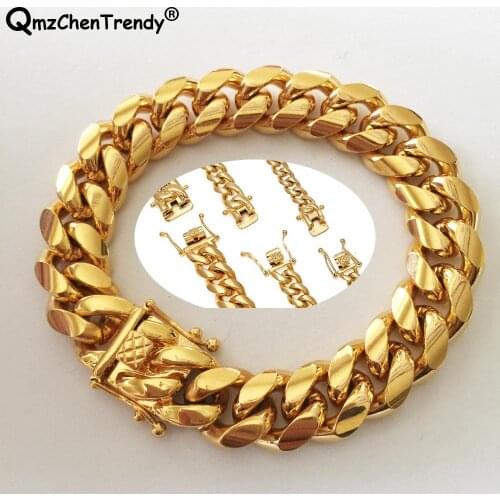 Promotion Stainless Steel Miami Curb Cuban Chain Bracelets Dragon Casting Clasp Bangle Hip hop Jewelry 8MM~18MM Men Bracelet