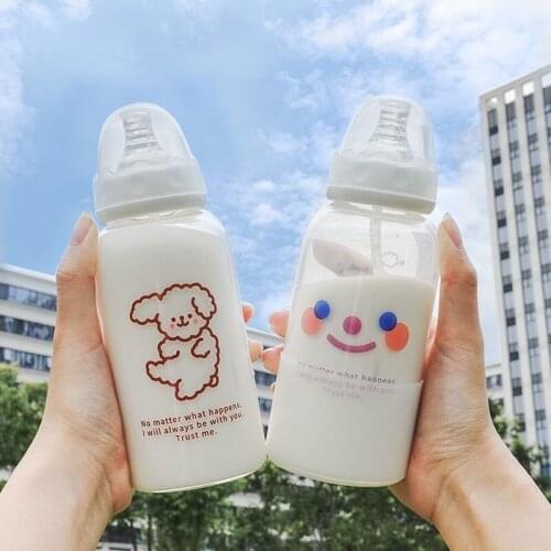 Cute Cartoon Gass Water Bottle Pacifier Straw Cup Suitable for Adult Children Milk Glass Bottle Baby feeding Bottle