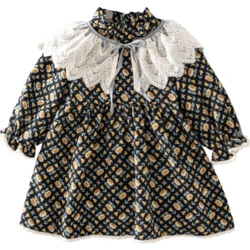 DFXD 2020 Winter Toddler Girls Princess Dress Korean Style Floral Print Lace Collar Plus Velvet Elegant Party Dress Outfit 1-7Y