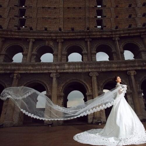 Women Pure White Wedding Veil Long Embroidered Floral Lace Scalloped Edge Bridal Cathedral 1 Layer Party Accessories Without