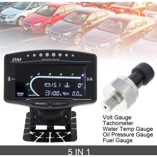 5 In 1 Sensitive LCD Electronic Oil Pressure Gauge+Volt Voltmeter+Water Temperature Gauge+Fuel Gauge+Tachometer with Sensor