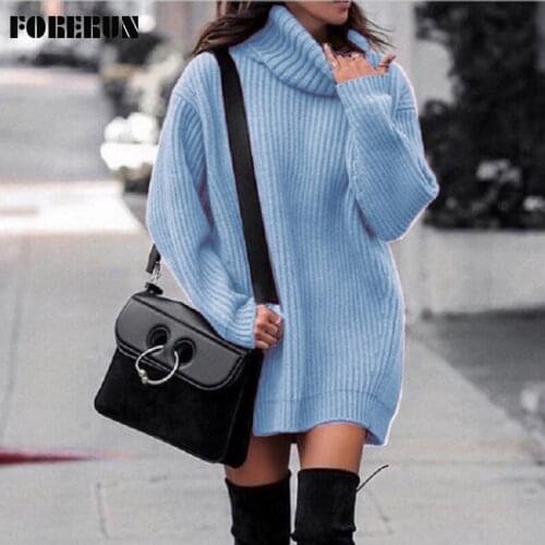 FORERUN Long Turtleneck Women Oversized Pullover Solid Autumn Winter Sweater Texured Top Haut Manche Longue Femme