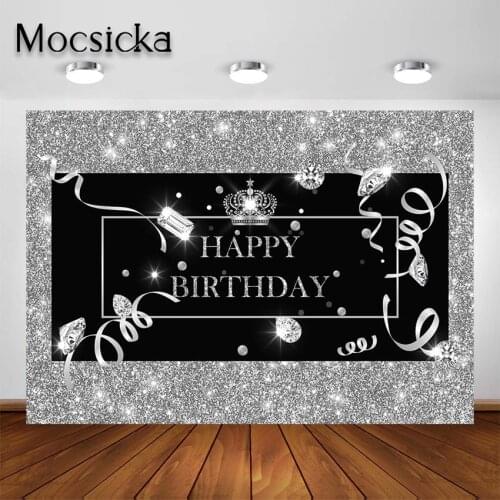Mocsicka Happy Birthday Photography Backdrop for Adults Birthday Party Black Silver Gold Decor Photo Booth Photoshoot Background