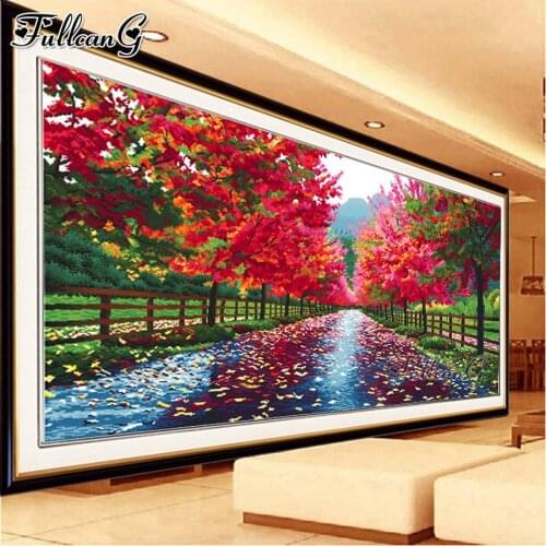 FULLCANG Abstract red leaf forest landscape 5d diy large diamond painting full square round rhinestone embroidery kits FG0263