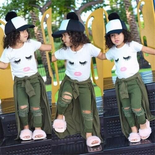 Toddler Kids Baby Girls Short Sleeve T-shirt Ripped Hole Pants Outfits Clothes