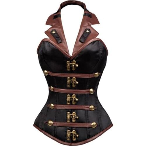Brown Steampunk Corset Vintage Leather Steel Bone Overbust Corset Vest Gothic Retro Korse Women Slimming Waist Shapewear Corset