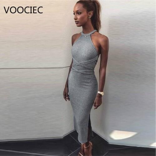 Summer Sheath Dress Women Clothes Sexy Party Halter Neck Sleeveless Slit Mid-calf Dresses Slim Backless Bandage Grey Vestidos