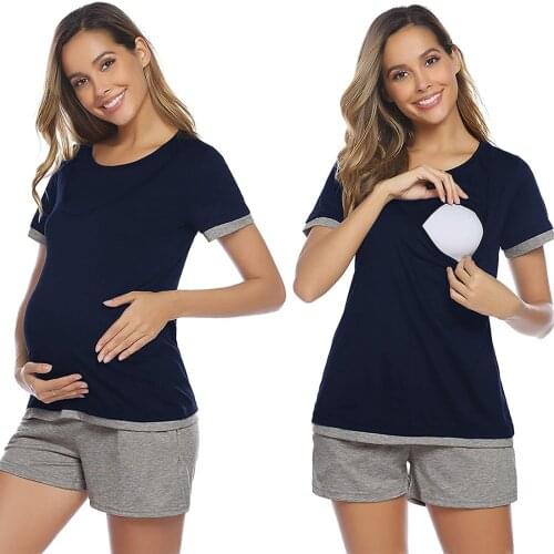 Summer Womens Maternity Solid Color Short Sleeve Breastfeeding Nursing T-shirt Tops + Striped Shorts Sleepwear Two Piece Set#g4
