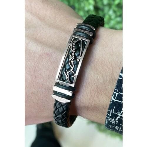 Black Color Ataturk Signed Male Leather Bracelets Bangles