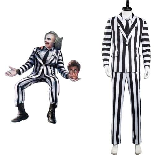 Beetlejuice Adam Cosplay Costume Men Black and White Striped Suit Jacket Shirt Pants Outfits Halloween Carnival