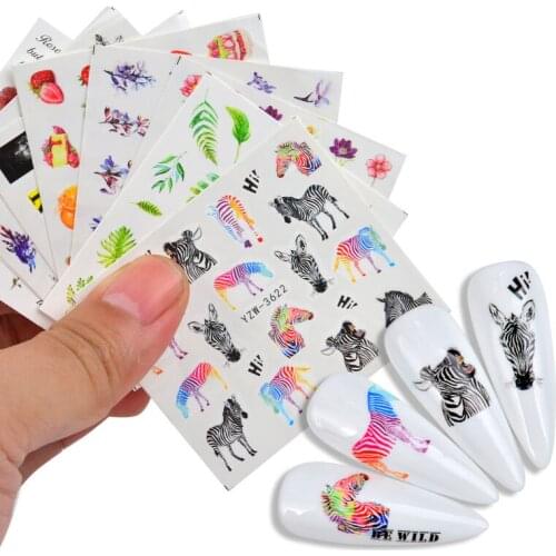 1 Sheet Cute Cartoon Zebra Nail Stickers Flower Leaf Transfer Sliders For Nails Fruit Animal Water Decals Anime Watermark Tattoo
