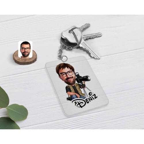 Personalized Male Photographer Caricature Of Transparent Plexiglass keychain