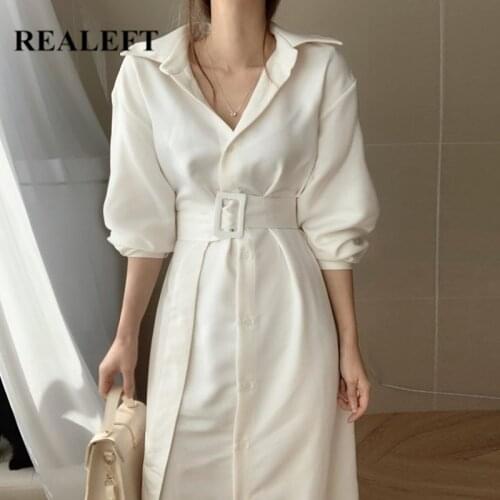 REALEFT Summer 2021 New Elegant Womens Shirt Dresses with Belted Single Breasted Korean Loose Straight Chic A-Line Long Dress