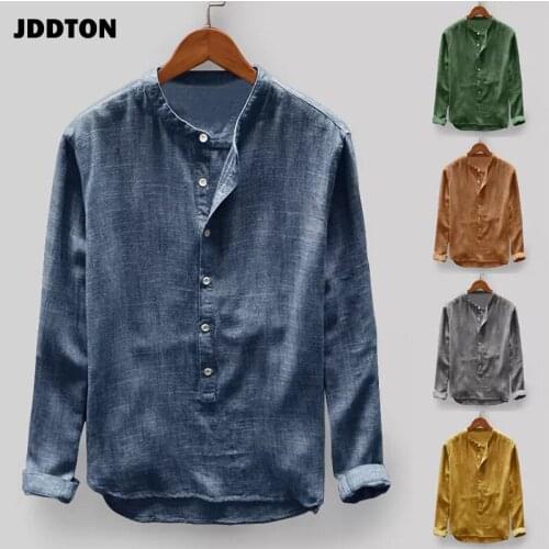 JDDTON Spring Mens Long Sleeve Shirts Solid Color Tops Fashion Joker Retro Button Baggy Male Shirt Stand Collar Streetwear JE632