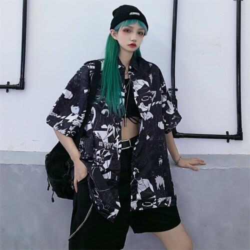Harajuku Style Dark Student Personality Fried Street POLO Collar Short-Sleeved Shirt Summer New Trend Fashion Ladies Shirt