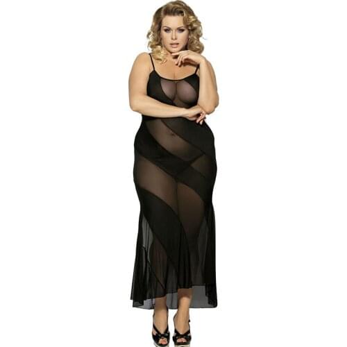 Women Babydoll See Through Long Semi Mesh Babydoll Sexy Dress Black Suspenders Long Dress Plus Size Sexy Robe Dress R7389
