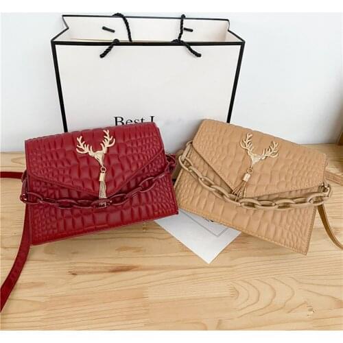 Antler Tassel Shoulder Bag Fashion Women Alligator Pattern Messenger Bags Casual Ladies Solid Color Chain PU Leather Handbags