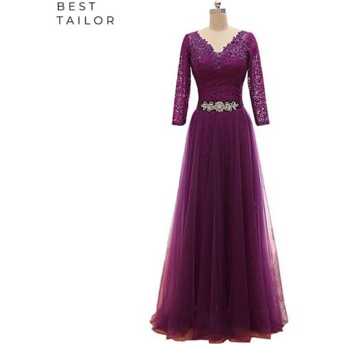 Grape Evening Dresses Tulle Lace Up A-Line Long Sleeves V Neck Sashes Formal Women vestidos de fiesta de noche robe de soiree
