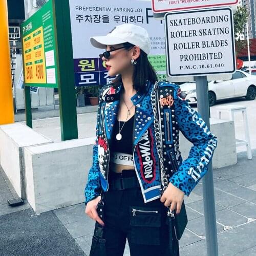Women Pu Leather Coat Top Quality Women Coat Chaqueta Mujer Autumn Women Jacket Coat Rivest Beading Leopard Print Cool Punk