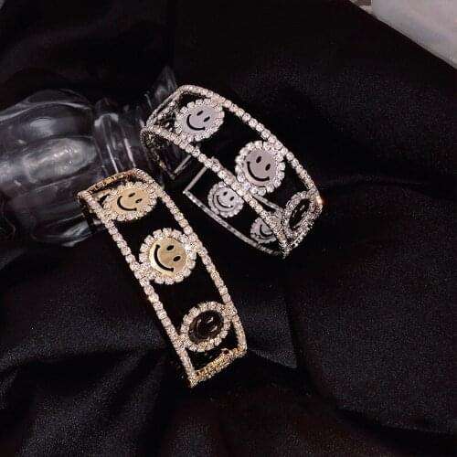 Top Quality Gold Silver Color Full Pave Premium Rhinestone Crystals Cute Hellow Smile Bangle Open Cuff For Women Fashion Jewelry