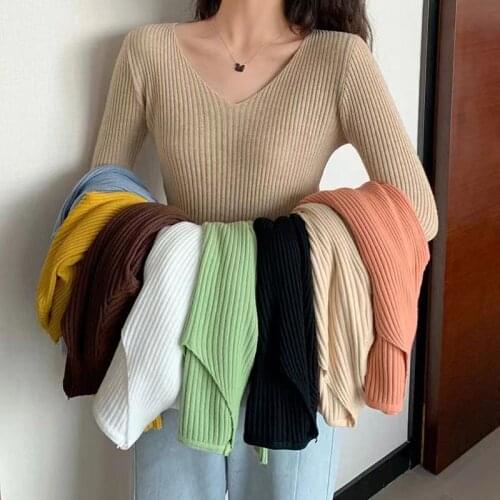 V-neck Striped Long Sleeve Sweater Women Autumn Winter Solid Color Knitted Pullovers And Sweaters Women Slim Fit Jnitwear Tops