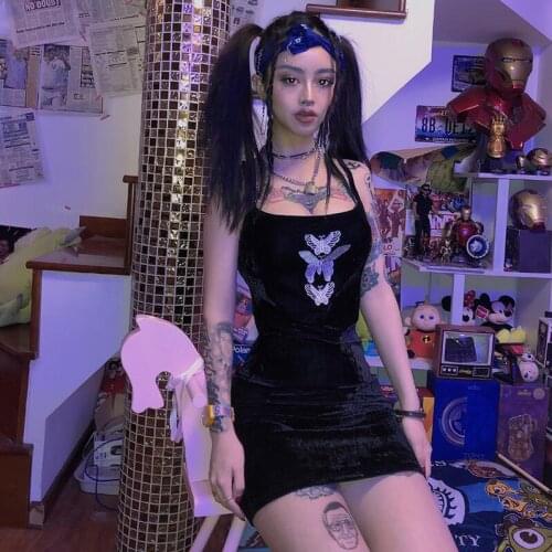 New Summer Harajuku punk cute retro butterfly embroidery velvet dress black sexy strap dress