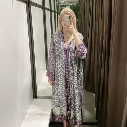 Women Kimono Dress 2021 Long Sleeve Loose Summer Beach Kimono Female Fashion Side Slits Hem Vintage Vestidos