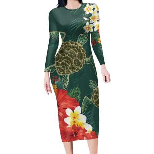 HYCOOL Hawaii Flower Boho Sexy Dress Party Clud High Waist Club Long Dress Elegant O Neck Women Midi Dresses Long Sleeve Sleeve