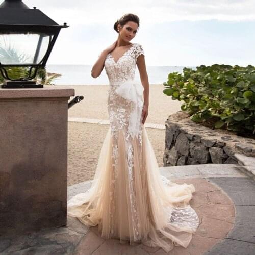 V-neck Short Sleeves Champagne Mermaid Wedding Dress with Exquisite Ivory Lace Illusion Back Bridal Gowns with Sash