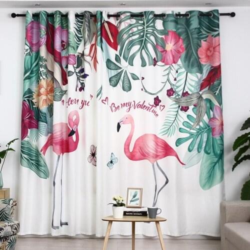 Customized 2pcs Living Room Curtains Simple Style Flamingo Pattern Semi-shading Window Curtains for Bedroom White Tulle Curtain