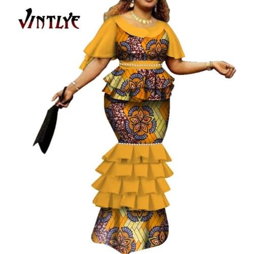 African Dresses for Women Bazin Riche Traditional African Wax Print Long Mermaid Dresses Women Unique Sleeve Clothing WY7115