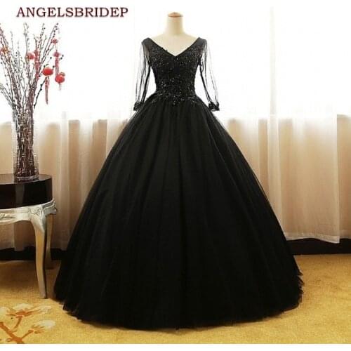 Princess Long Sleeve Black Ball Gown Quinceanera Dresses Sexy V-Neck Girls Masquerade Sweet 16 Dresses 15 anos Formal Party Gown