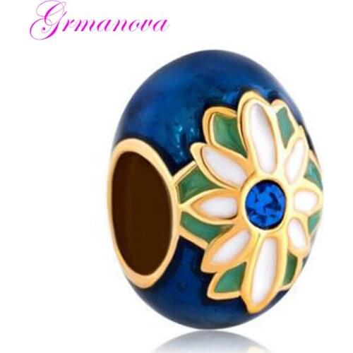 Easter gifts charm jewelery green enamel flower crystal golden oval eggs as the female Russia Fit Pandora Bracelet Necklace