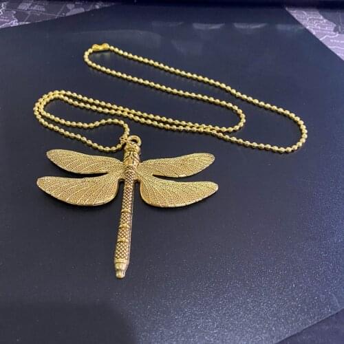 Golden Dragonfly Pendant Necklace Round Bead Stainless Steel Chain Ladies Fashion Accessories Bohemian Lucky Dragonfly Jewelry