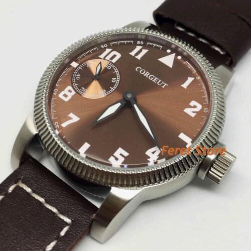 CORGEUT 46mm brown big dial mens watch silver case hand winding movement leather strap classic Leisure fashion luminous watch