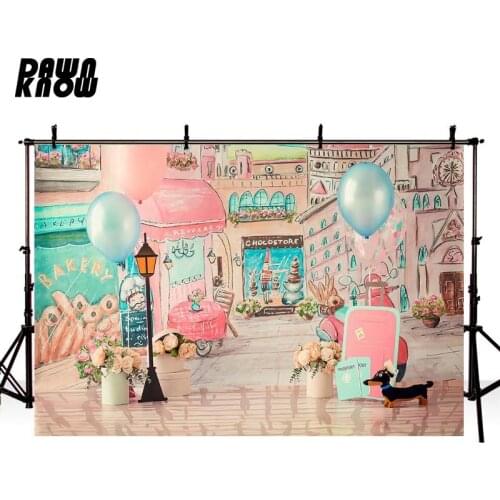 DAWNKNOW Vinyl Photography Background Cartoon Street Balloon Photo Backdrops Baby Children Party Photocall Photo Studio lv2847